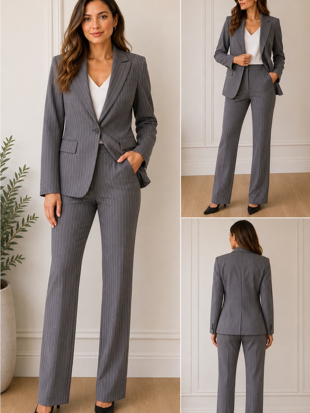Classic Women's Pinstripe Gray Pantsuit - Tailored Blazer & Trousers